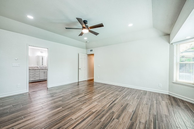 591 E Warwick Ave, Fresno, CA 93720 - unfurnished bedroom with wood finished floors, ensuite bathroom, recessed lighting, and a ceiling fan