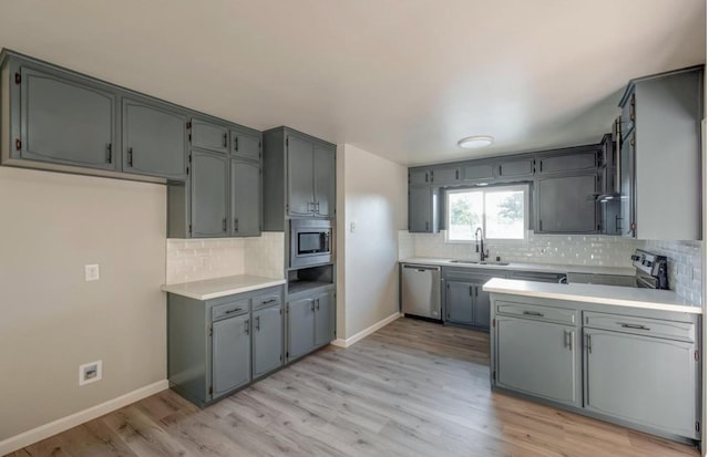 6236 N Bond St, Fresno, CA 93710 - kitchen with tasteful backsplash, gray cabinetry, and light wood-style floors