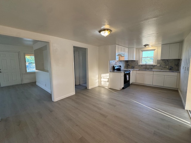 1741 N Blythe Ave, Fresno, CA 93722 - kitchen with black electric range, white cabinetry, tasteful backsplash, wood finished floors, and light countertops