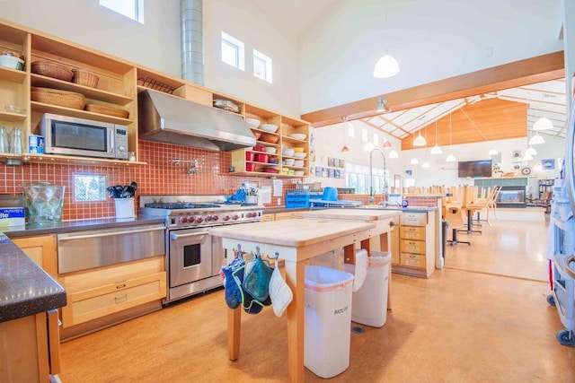 2658 E Alluvial Ave Unit 220, Fresno, CA 93720 - kitchen featuring high vaulted ceiling, open shelves, wooden counters, exhaust hood, and appliances with stainless steel finishes