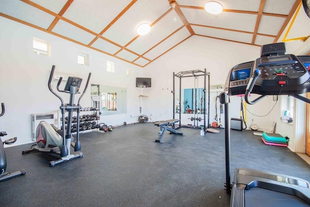 2658 E Alluvial Ave Unit 220, Fresno, CA 93720 - exercise room with high vaulted ceiling and heating unit