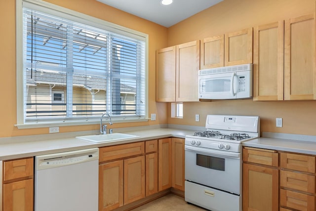 2658 E Alluvial Ave Unit 220, Fresno, CA 93720 - kitchen with white appliances, light brown cabinets, light countertops, and recessed lighting