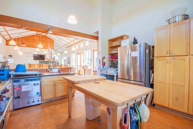 2658 E Alluvial Ave Unit 220, Fresno, CA 93720 - kitchen featuring wood counters, light brown cabinetry, dishwasher, open floor plan, and open shelves