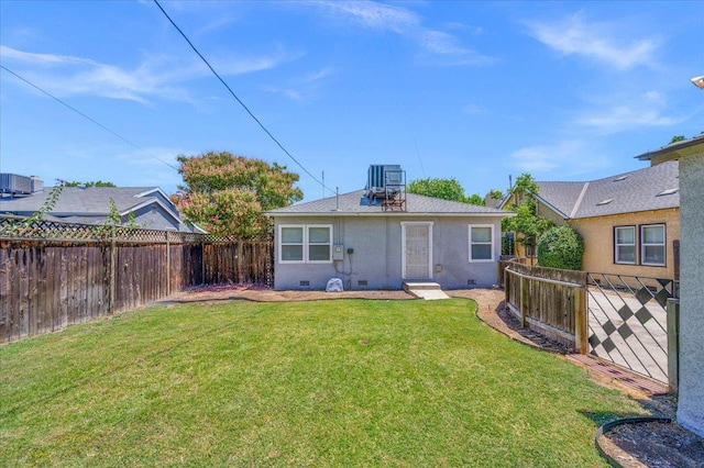 1461 N Harrison Ave, Fresno, CA 93728 - rear view of house with a fenced backyard, crawl space, and stucco siding