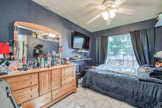 2323 E University, Fresno, CA 93703 - bedroom with a textured wall, light tile patterned floors, ceiling fan, and a textured ceiling