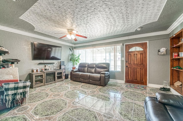 2323 E University, Fresno, CA 93703 - living area featuring a textured wall, ornamental molding, a ceiling fan, and a textured ceiling