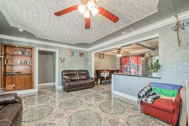 2323 E University, Fresno, CA 93703 - tiled living area with ceiling fan, ornamental molding, and a textured ceiling