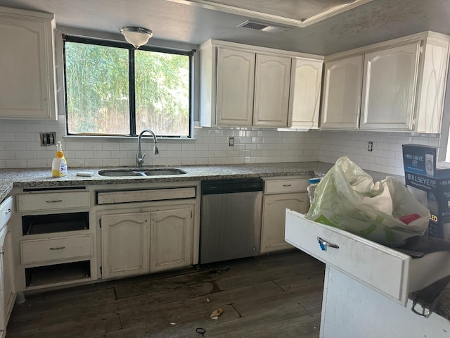 2244 N Prospect, Fresno, CA 93722 - kitchen with dark wood-style flooring, dishwasher, backsplash, and white cabinets