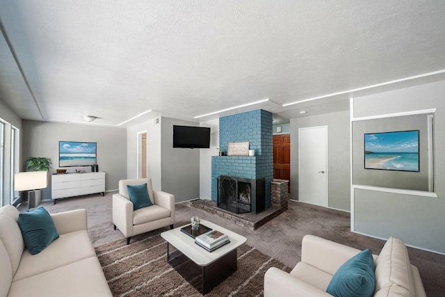 1556 E Loftus Ln, Fresno, CA 93710 - carpeted living area with a textured ceiling and a brick fireplace