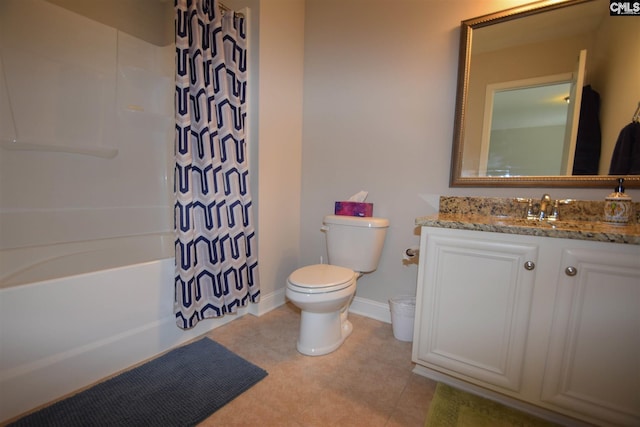 full bathroom featuring toilet, shower / tub combo with curtain, tile floors, and vanity