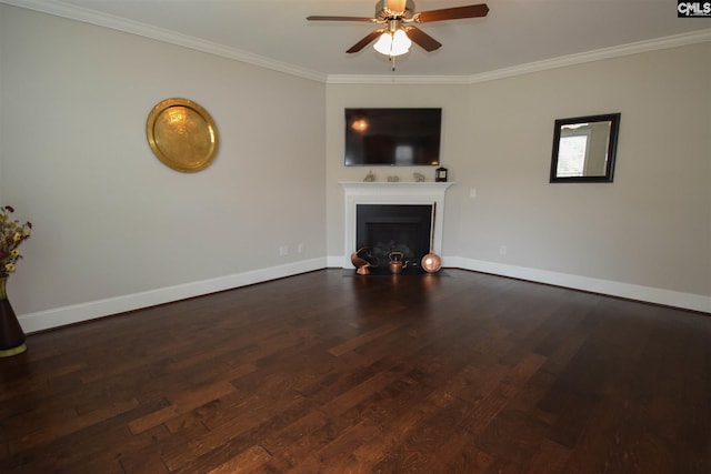 unfurnished living room with crown molding, ceiling fan, and dark hardwood / wood-style flooring