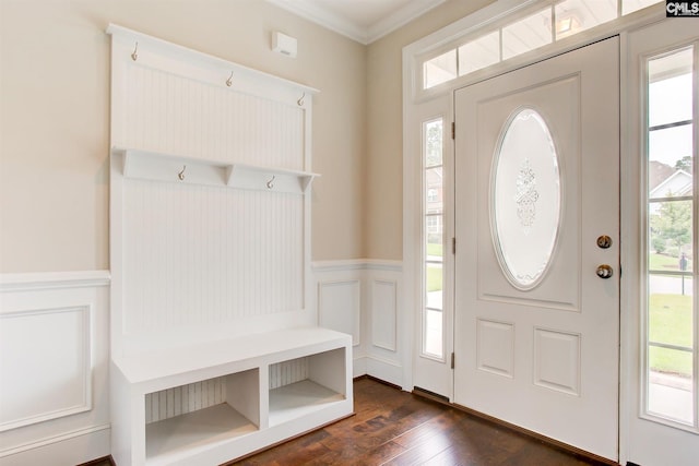 interior space with crown molding and dark hardwood / wood-style floors