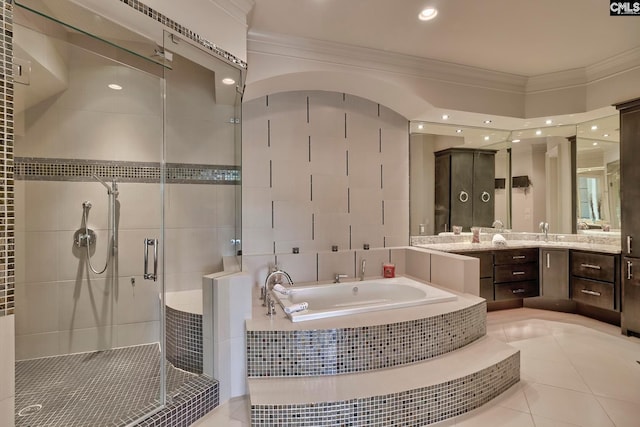 bathroom with separate shower and tub, tile floors, ornamental molding, and vanity