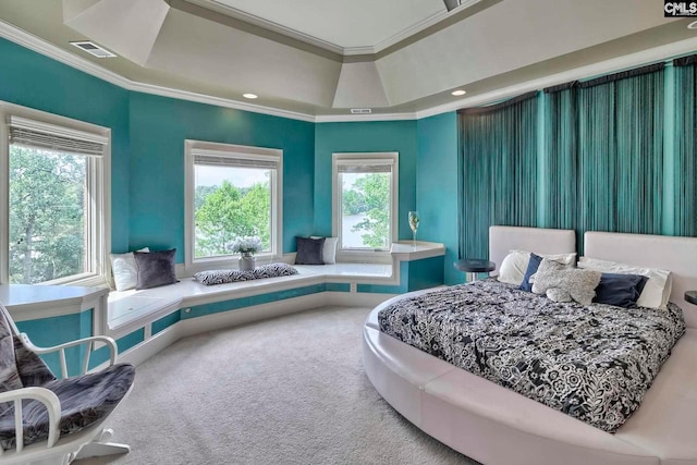 carpeted bedroom with crown molding and a raised ceiling