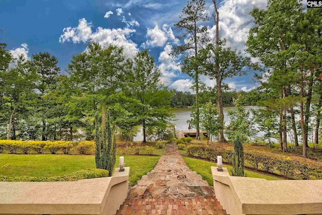 view of nearby features featuring a water view and a yard