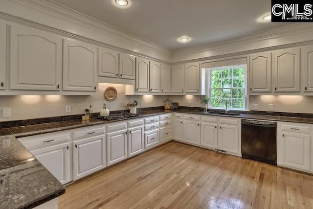 12 Club Ridge Ct, Elgin, SC 29045 - kitchen featuring black dishwasher, crown molding, white cabinets, light wood-type flooring, and sink