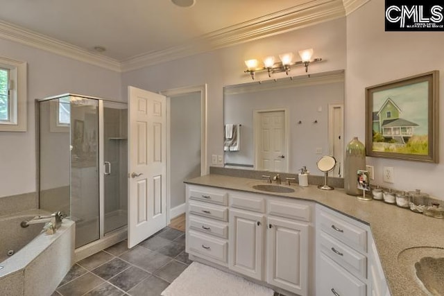 12 Club Ridge Ct, Elgin, SC 29045 - bathroom with ornamental molding, tile floors, vanity, and independent shower and bath