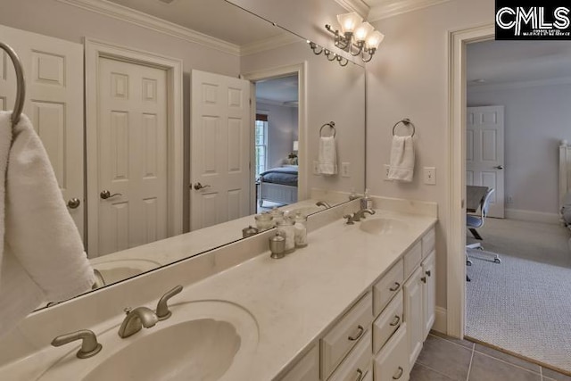 12 Club Ridge Ct, Elgin, SC 29045 - bathroom with an inviting chandelier, dual sinks, tile flooring, large vanity, and ornamental molding