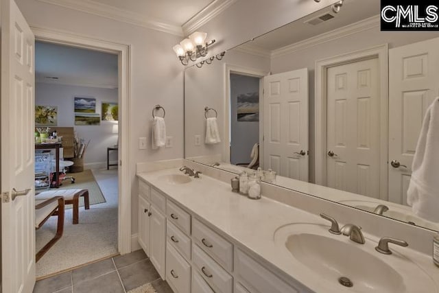 12 Club Ridge Ct, Elgin, SC 29045 - bathroom featuring ornamental molding, dual sinks, tile flooring, an inviting chandelier, and large vanity
