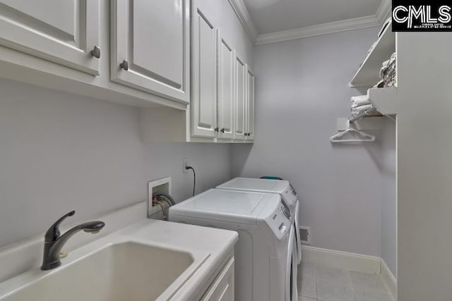 12 Club Ridge Ct, Elgin, SC 29045 - washroom with light tile floors, washer and dryer, sink, cabinets, and ornamental molding