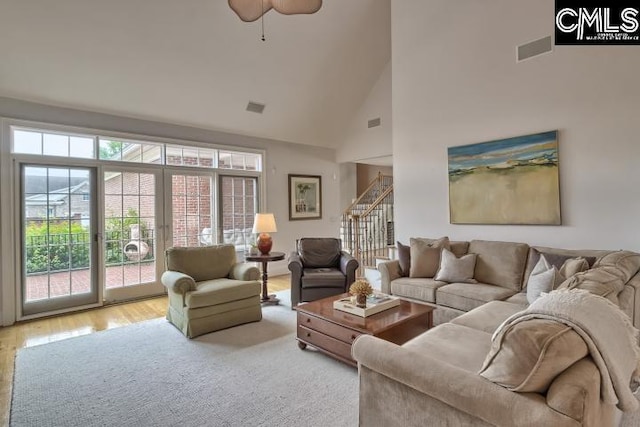 12 Club Ridge Ct, Elgin, SC 29045 - living room featuring high vaulted ceiling, ceiling fan, a wealth of natural light, and light hardwood / wood-style flooring