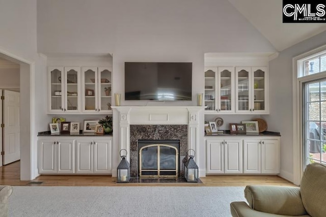 12 Club Ridge Ct, Elgin, SC 29045 - living room featuring high vaulted ceiling, light hardwood / wood-style flooring, a healthy amount of sunlight, and a fireplace