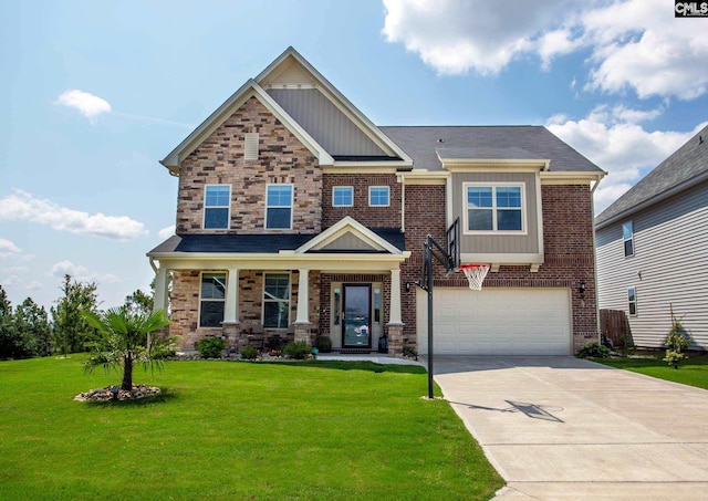 craftsman-style house featuring a front yard and a garage