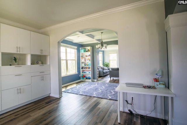 interior space featuring dark hardwood / wood-style floors, crown molding, beamed ceiling, coffered ceiling, and a notable chandelier