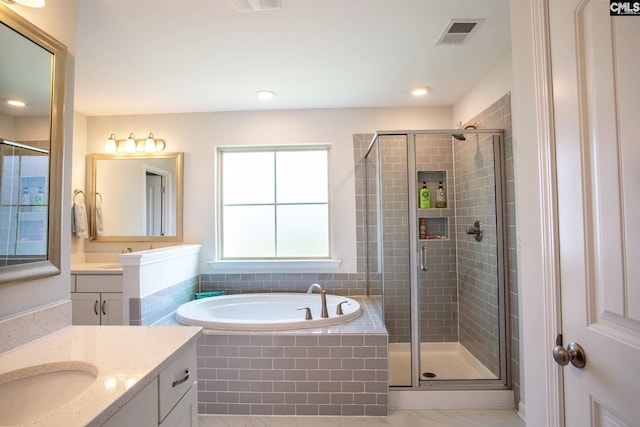 bathroom with vanity, plus walk in shower, and tile floors