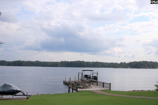 dock area with a water view and a lawn