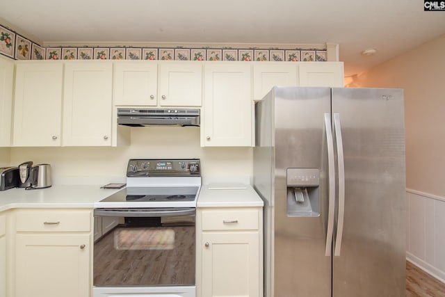 kitchen with white cabinetry, electric range, light hardwood / wood-style flooring, stainless steel refrigerator with ice dispenser, and ventilation hood