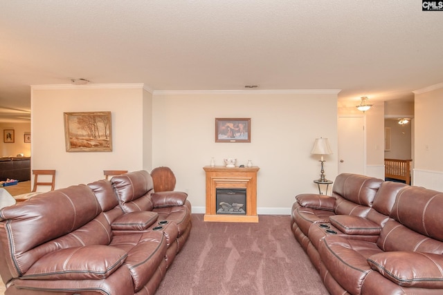 carpeted living room featuring ornamental molding