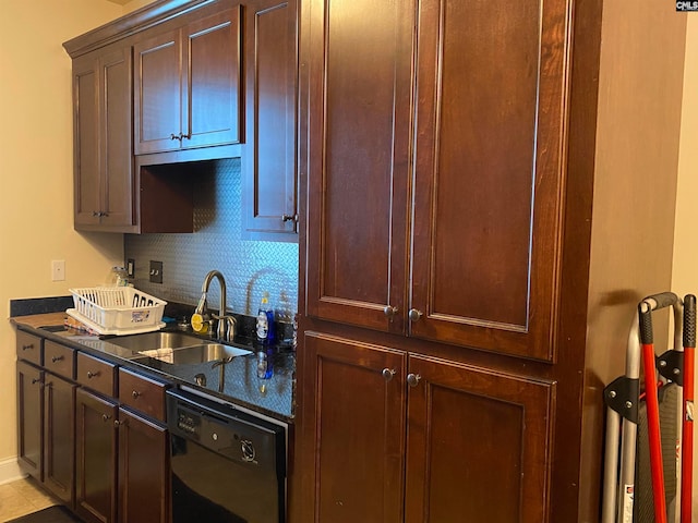 kitchen with tasteful backsplash, sink, light tile floors, and dishwasher