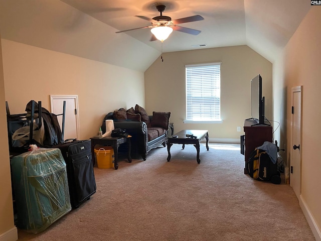 interior space with ceiling fan and lofted ceiling