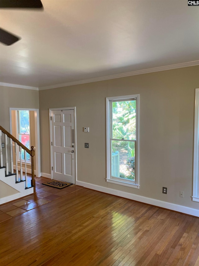 entryway featuring ceiling fan, ornamental molding, and wood-type flooring