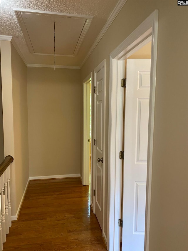 hallway with crown molding, dark hardwood / wood-style floors, and a textured ceiling