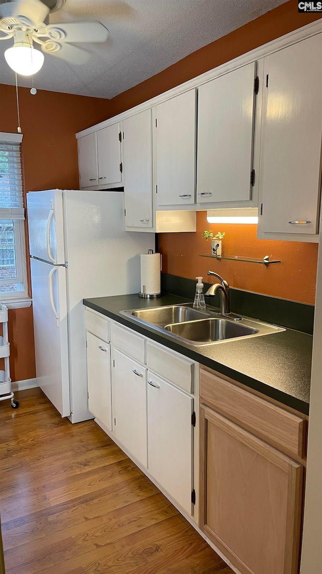 kitchen featuring white cabinets, ceiling fan, sink, and light wood-type flooring