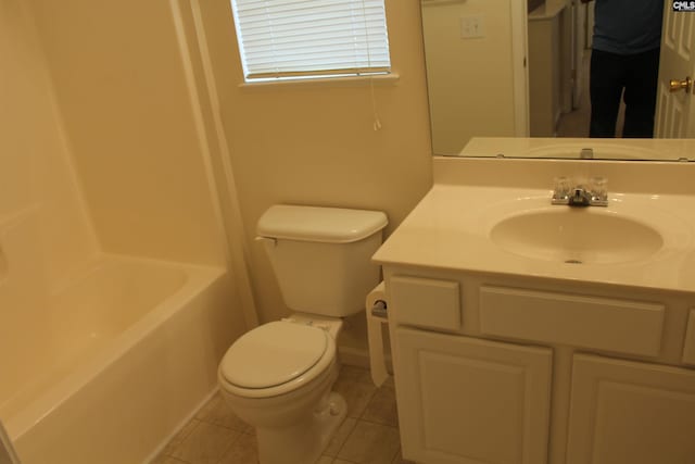 full bathroom with oversized vanity, toilet, bathtub / shower combination, and tile flooring