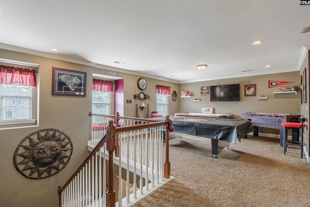 rec room featuring billiards, ornamental molding, and light colored carpet