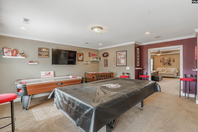 rec room featuring light carpet, pool table, ceiling fan, and crown molding