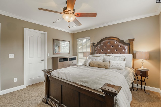 bedroom with light carpet, crown molding, and ceiling fan