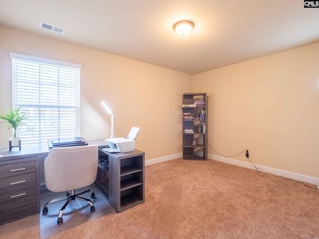 office area featuring light carpet