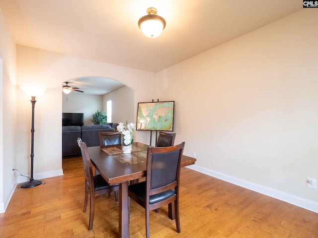 dining area featuring ceiling fan and light hardwood / wood-style floors