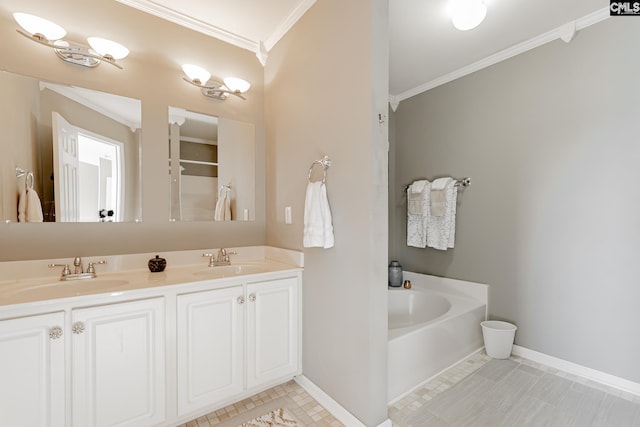 bathroom featuring ornamental molding, dual sinks, tile flooring, a bathing tub, and large vanity