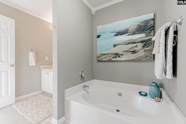 bathroom with vanity, a tub, tile flooring, and ornamental molding