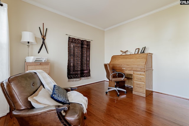 home office featuring dark hardwood / wood-style floors and ornamental molding