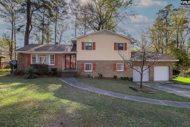 tri-level home with a front lawn and a garage