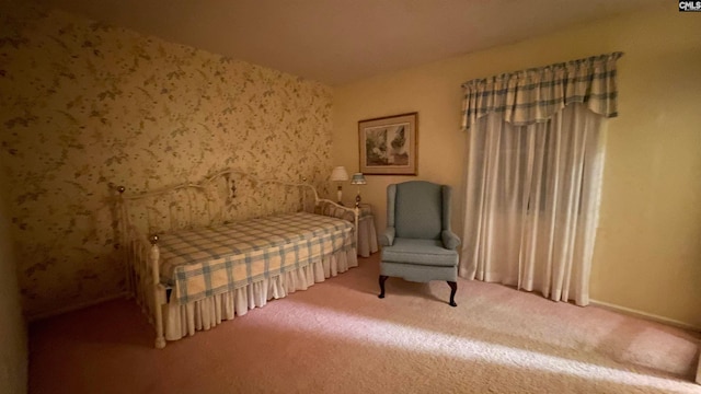 bedroom with light colored carpet