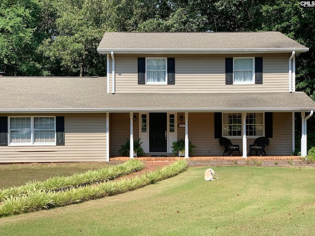 front facade with a porch and a front yard