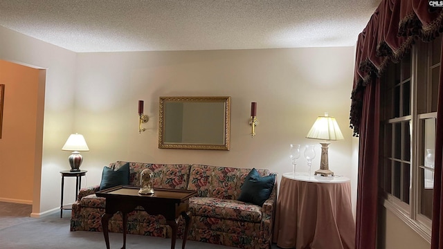 living room featuring a textured ceiling and light colored carpet